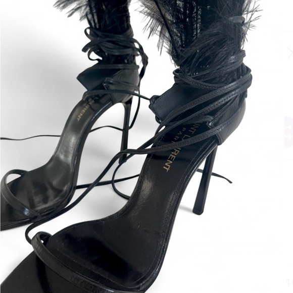 YSL Black Feather Lace-Up Stiletto Sandals - Picture 4 of 10